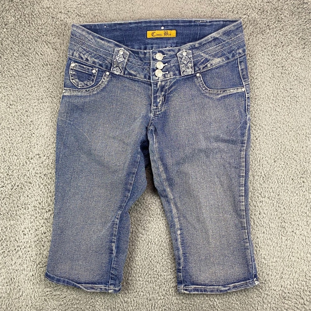 Classic Blue Denim Capri Jeans Womens‎ Size 5 Embellished Waist Mid Rise